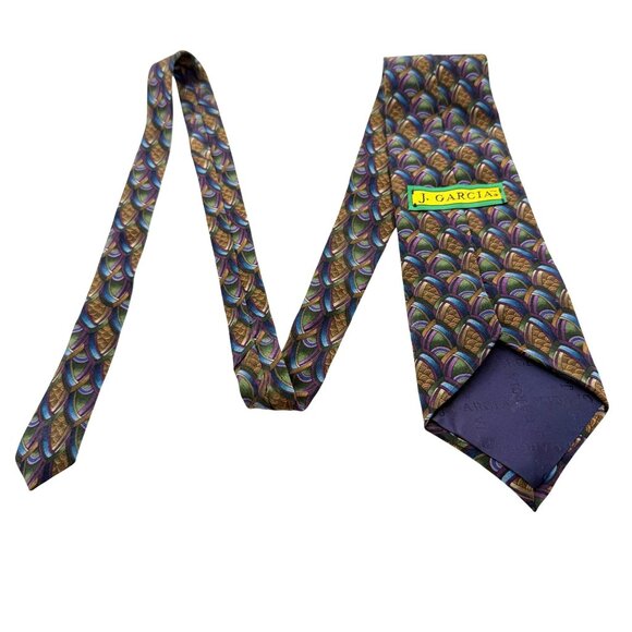 J. Garcia Silk Tie Hand Sewn USA Art Deco Brown Purple Green Blue Vintage - Picture 5 of 8